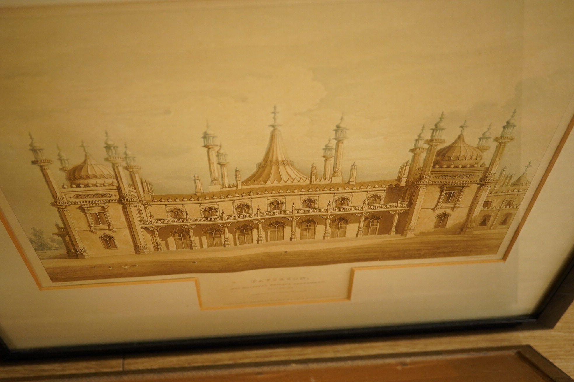 Six Brighton Pavilion prints including ‘The Gallery’, published by John Nash 1827, and ‘Pavilion Library’, 27 x 34cm. Condition - fair